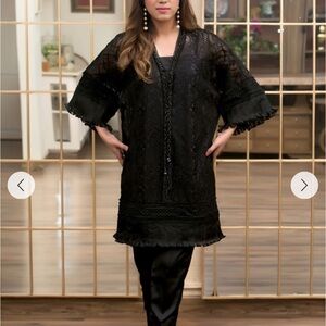 Farida Hassan Black Embroidered Shirt with Embellished Nexkline and tassels